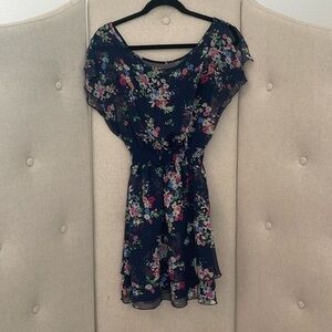 Express Navy Floral Boat Neck Elastic Waist Layered Skirt Sundress XS